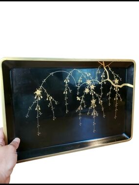 VTG Japanese Black Lacquer Tray Gold Maki-e Cherry Blossom Obon Serving Decor
